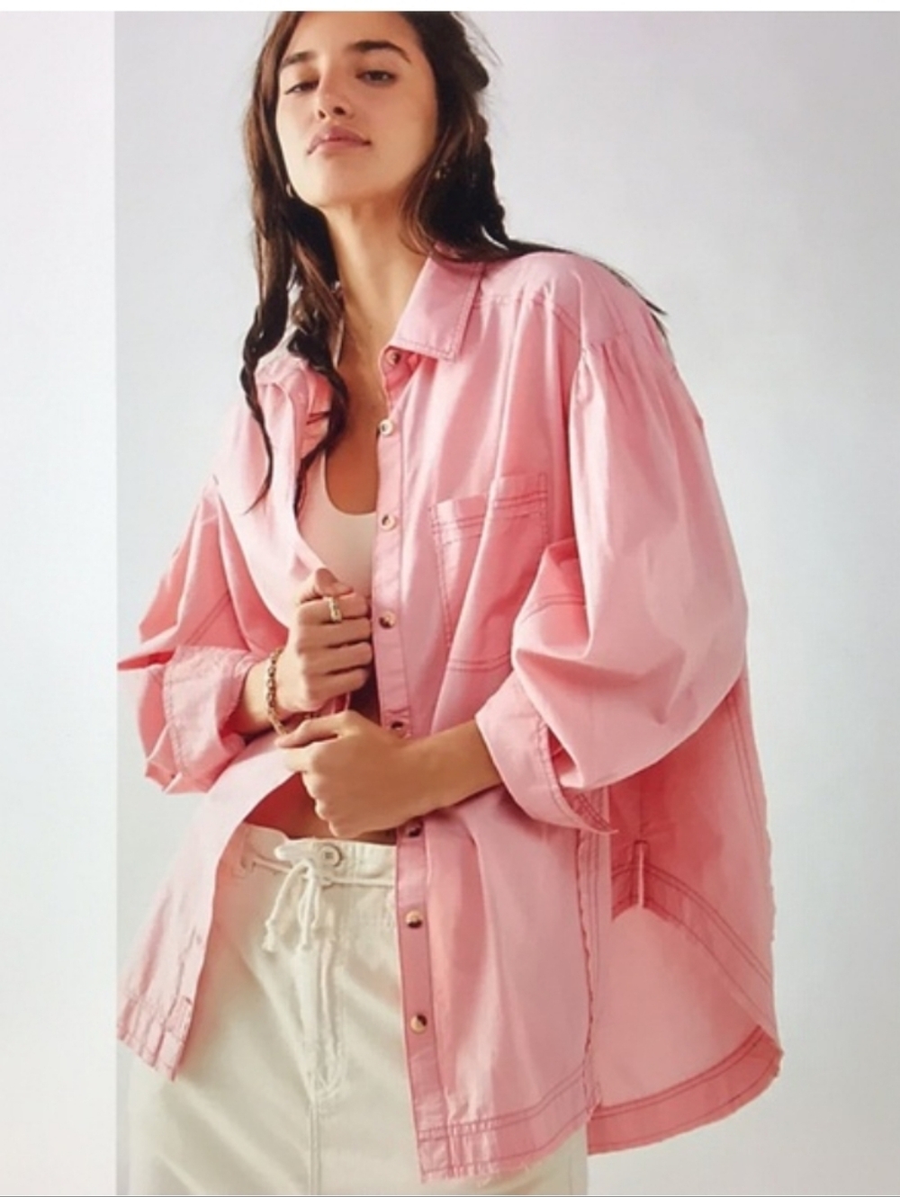 Free People Pink Oversized Button-Front Shirt Small